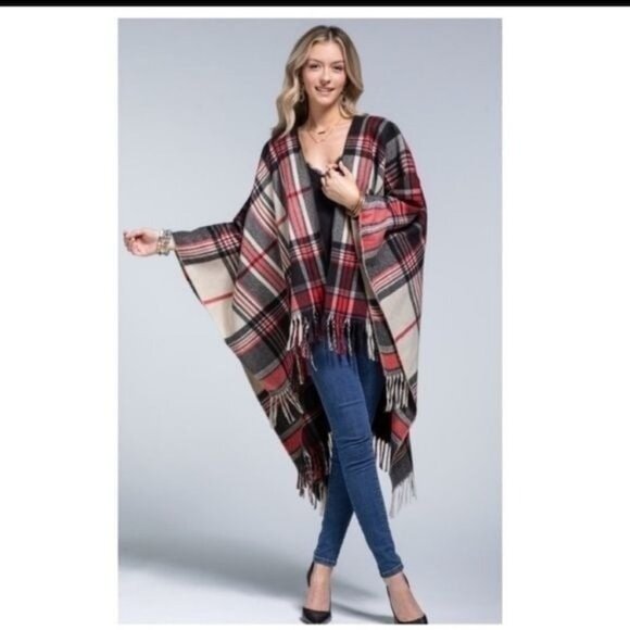 Plaid Fringe Hem Open Front Poncho Wrap Shawl-NEW - Picture 3 of 6